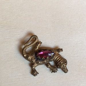Antique salamander costume brooch brass red glass
